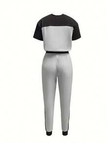 2pcs/Set Casual Color Block Short Sleeve Round Neck T-Shirt And Joggers Pants Summer - Grey - View 2