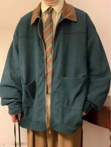 Men's Fashionable Retro Jacket, Corduroy Contrast Color Lapel Casual Loose Fit Workwear Jacket, Suitable For Casual Outings, College Style , Fall