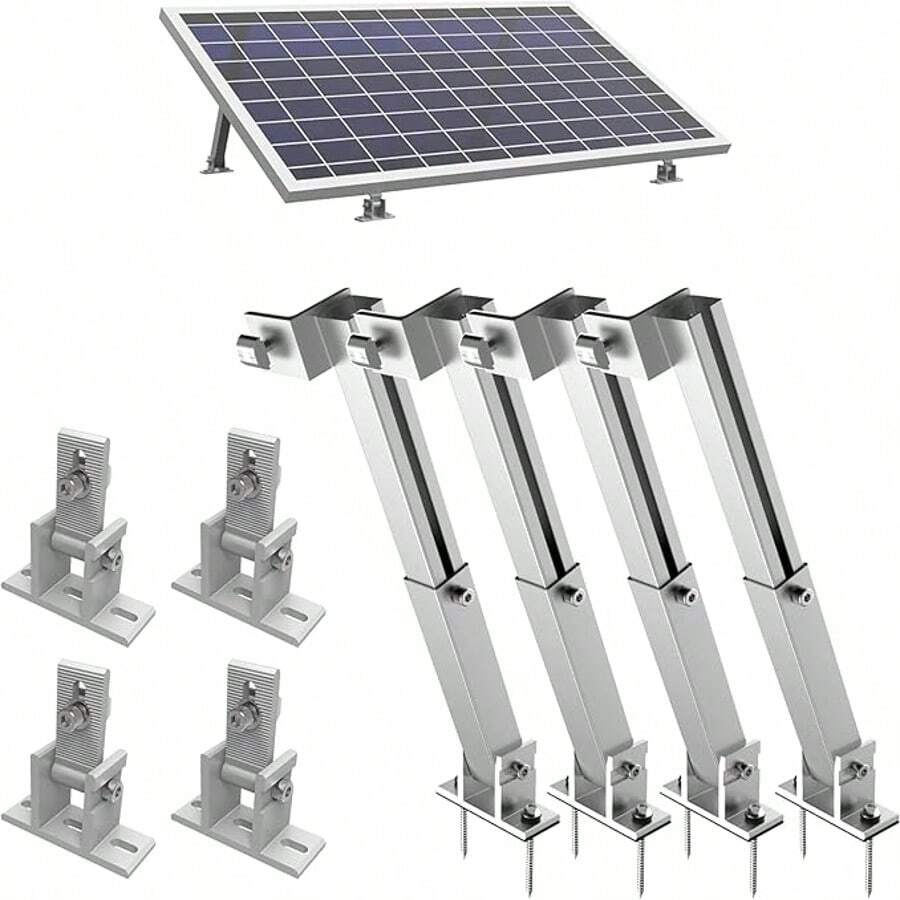 Juego de 4 soportes para paneles solares ajustables individualmente con un rango de ángulo de 0 a 60° para centrales eléctricas en balcones, techos de tejas y sistemas de paneles solares, color plateado.
