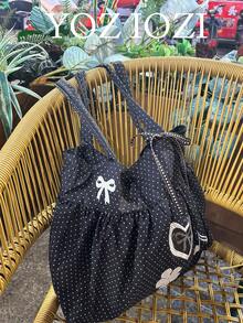 Borsa a tracolla in stile coreano in tela a pois, borsa da pendolare pieghevole di grande capacità per studenti universitari, borsa a spalla con design a nuvola con fiocco a balze