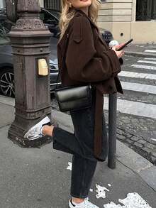 KM Winter Women, Solid Color Long Sleeve Double-Breasted Casual Jacket , Chic, There Is A Belt, Autumn Going Out Friends OverJacket, For Friends, Wife, Girlfriend Gifts, Wide-Shoulder Style Short Jacket, Halloween, Christmas Women, Tops - Coffee Brown - View 10