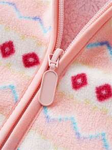 YUHANWOO 女童保暖内衬夹克，新品，粉色费尔岛条纹和甜美印花图案，立领，秋冬加厚保暖防风户外休闲拉链外套