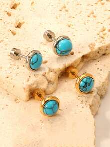 1 paire de boucles d'oreilles en acier inoxydable avec pierre bleue pour femmes et filles. Bijoux dorés sans décoloration, avec fermoir à vis. Petites boucles d'oreilles pour accessoires de fête de Noël - Bouchon à vis - Voir 9