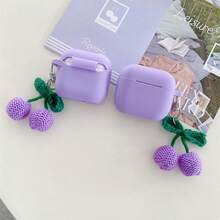 1pc Soft Silicone Shock-Proof Earphone Case In Violet + Plush Cherry Hanging Decor Bluetooth Earphone Case Compatible With Apple 1st/2nd/3rd/Pro/Pro 2nd Generation, Creative Design For New 4th Generation