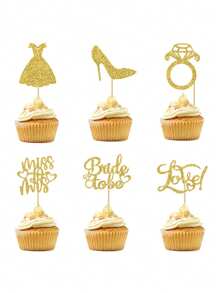 12pcs/Set Glitter Bridal Paper Cupcake Toppers With Heart Ring Dress Bride Photo Props, Wedding Engagement Bachelorette Party Cake Decorations, Silver/Rose Gold