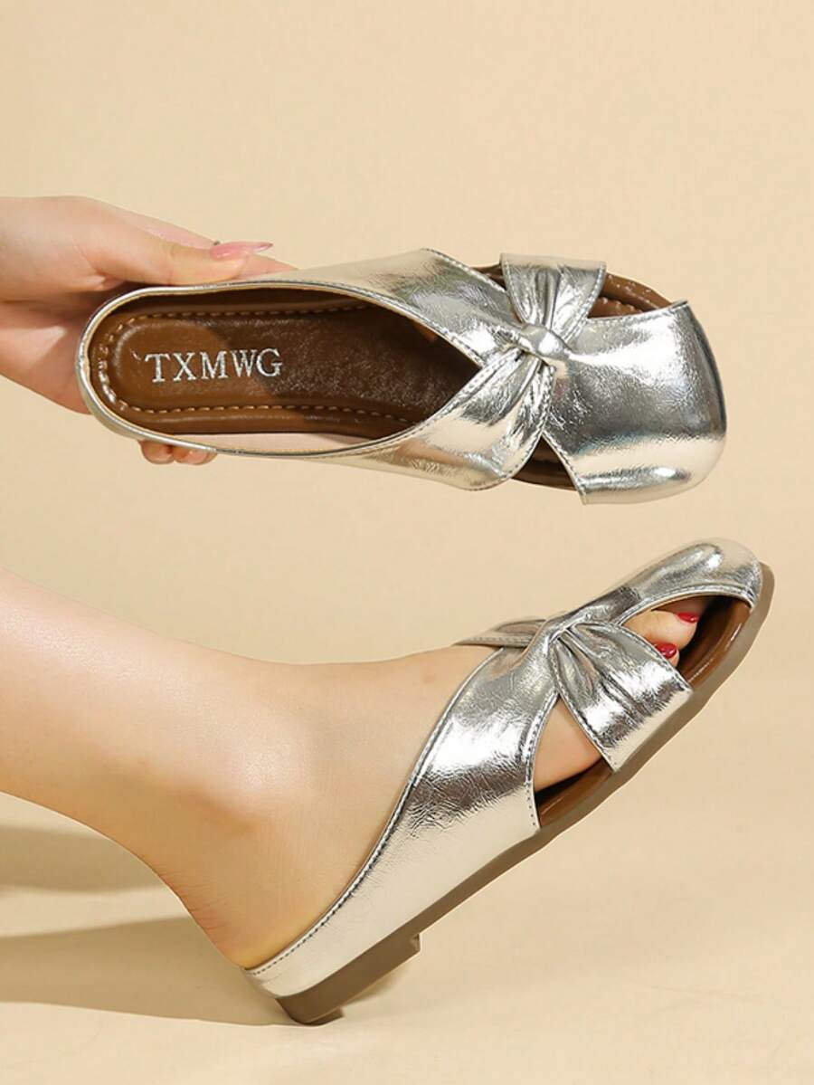 New Elegant Girl's Breathable Slip-On Mule Sandals, Versatile & Fashionable - Silver - View 1