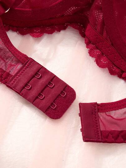 Rood Verleidelijke Set Steel Rim Kanten BH Underwear Two Pieces Flower Geborduurde Mesh Translucent Set, view 5