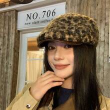 Y2k Retro Leopard Pattern Forward Hat Autumn/Winter Hat Show Face Small Spicy Girl Style Beret Outdoor Travel Daily Leisure Versatile - MM2210深灰 - 查看 2