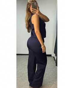 Women's Tailored Set, Sleeveless Blouse With Straight Pants, Great For Everyday Work, Casual, Premium Topstitched Finish - 藏蓝色 - 查看 4