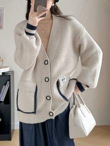 Spring New Contrast Stitching Pocket Design Loose Knitted Cardigan Coat Simple Casual Versatile Women's Sweater - Beige - View 4