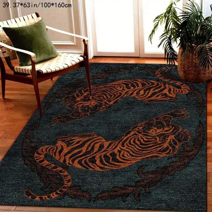 Soft Dot Backing 800G Vintage Tiger Pattern Floor Mat, Suitable For Living Room, Bedroom, Balcony, Machine Washable Indoor And Outdoor Decorative Carpet - 彩色 - 查看 1