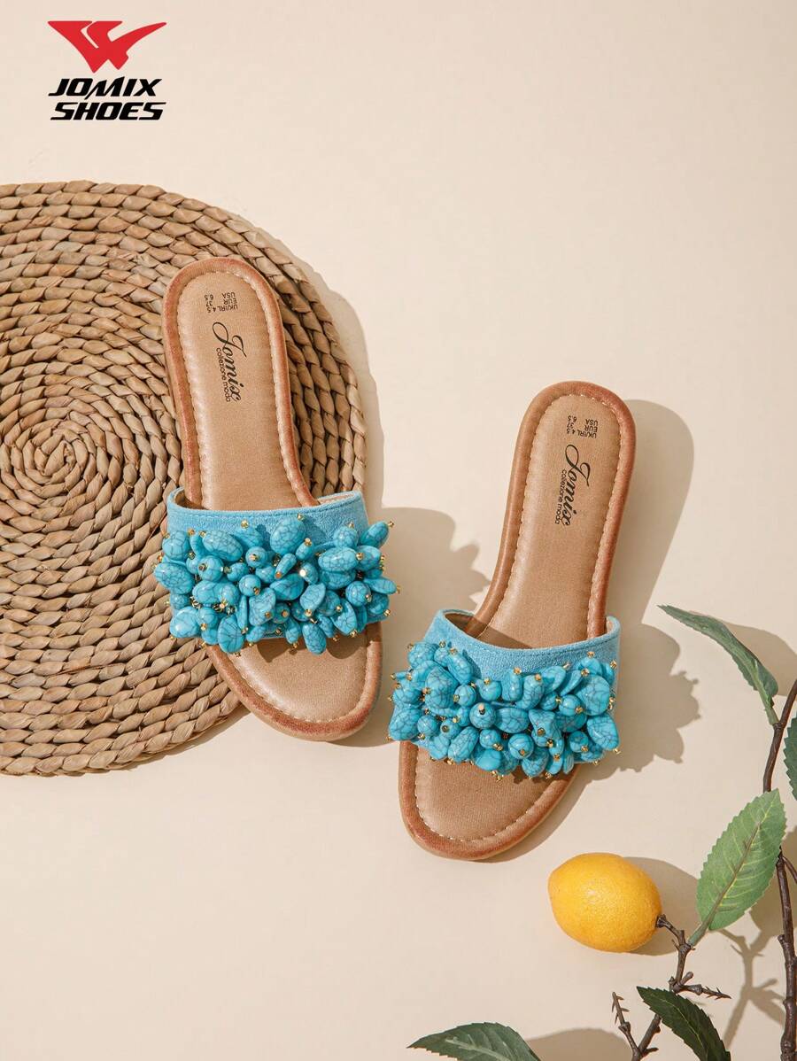 JOMIX Women's Low Heel Slippers With In Style Low Heel Sandals Leather Shoe Bed With Gemstone Decoration Shiny Fashion Beauty Comfortable Lightweight Suitable For Summer Matching