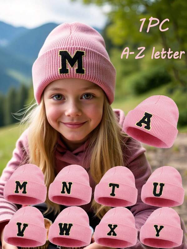 1pc Kids A-Z 26 Letter Print Knit Beanie Hat, Soft Warm Autumn Winter Headwear For Baby Teen Girls Daily Use Birthday Gift