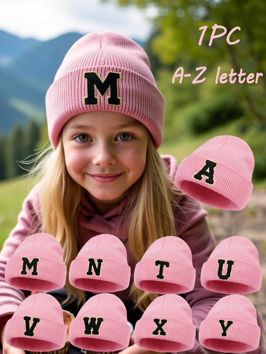1 st barn A-Ö 26 bokstäver tryck stickad mössa, mjuk varm höst vinter huvudbonad för baby tonårsflickor daglig användning födelsedagspresent - Rosa - Visa 1