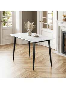 Modern Rectangular Dining Table Kitchen Table With Marble Effect Top And Metal Legs, 120x70cm Wooden 4-6 Seater Dinner Table For Home, Cafe And Restaurant - White - View 2