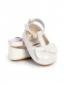 女婴玛丽珍平底鞋，带蝴蝶结，防滑软底，PU皮革，新生儿，幼儿学步鞋，正装鞋