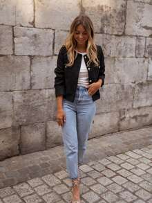 Fashionable & Elegant Solid Color Thick Wool Ribbed Front Button Office Cardigan, Autumn/Winter - Black - View 7