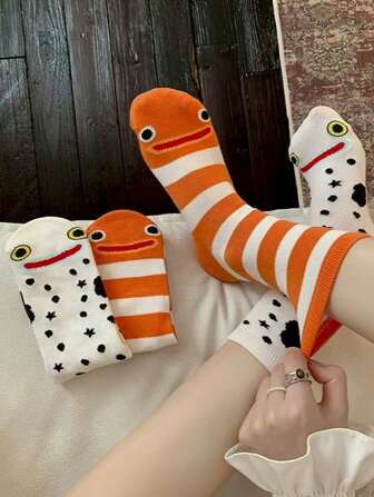 2 Pairs Thin Garden Eel Mid-Calf Socks, Cute Cartoon Striped Funny Design, Size 35-42, Fall