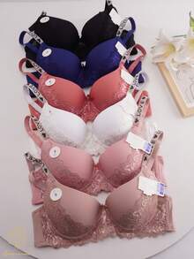 6 pairs Sujetadores para mujer de copa B, Sujetador diario suave, sin costuras ni marcas, cómodo,Conjunto de 6 sujetadores de mujer en 6 colores diferentes, con detalles de encaje y tiras ajustables decoradas con letras y strass. - Multicolor - Ver 4