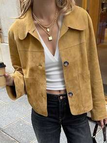 Women's Solid Color Versatile Short Long Sleeve Fleece Lined Double Collar Jacket, New Style