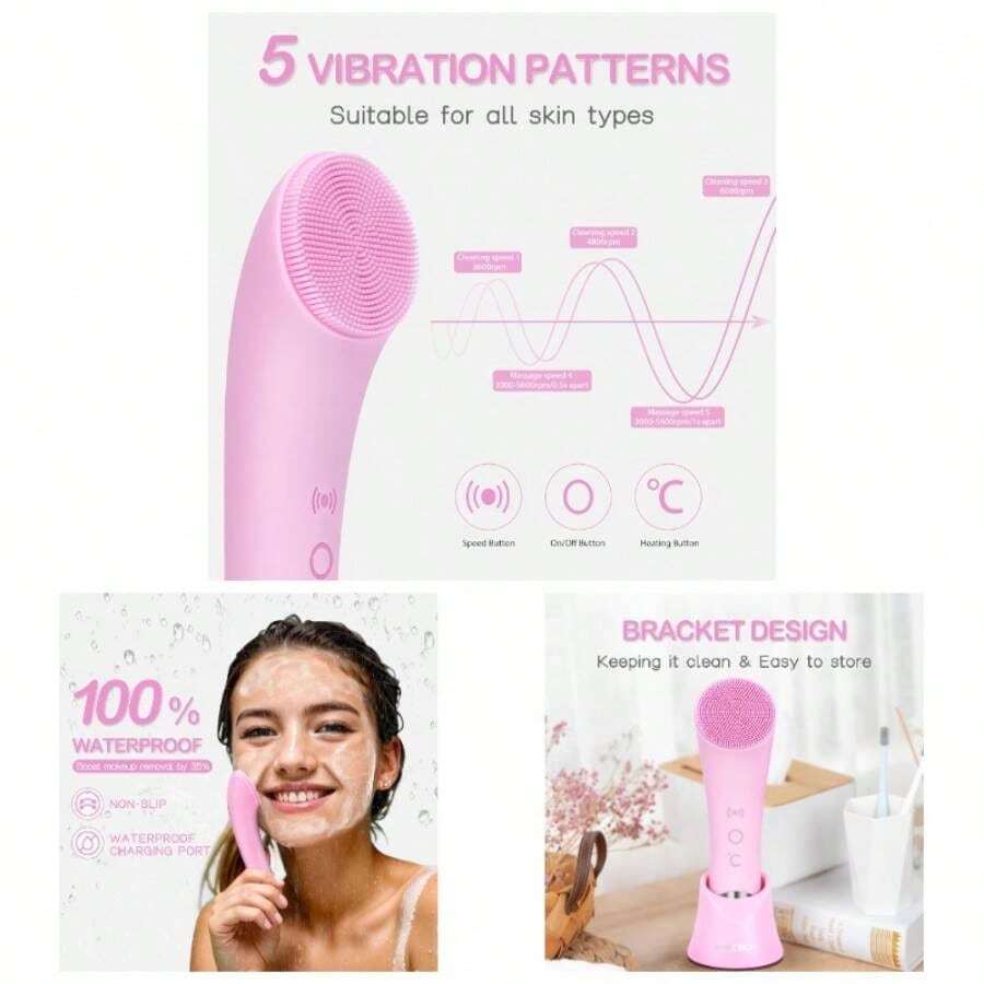 Facial Cleansing Brush, Rechargeable Silicone Face Scrubber With Heat Massage End, Vibrating Exfoliator Scrubber For Deep Cleaning, Waterproof Face Brush For Women And Men Pink - Hồng - Xem 1