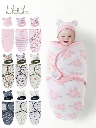 4pcs Random Pattern Newborn Swaddling Clothes, Baby Spring Sleeping Bag Maternity Wrap, Baby Anti-Frightening Jumping Swaddling Clothes Towel Fetal Cap Love Valentine