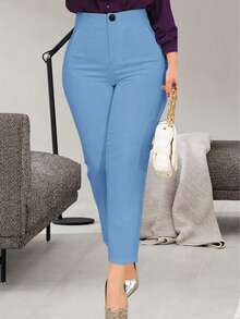 Plus Size Women Solid Color Slim Fit Casual Pants, Suitable For Commuting And Daily Wear Spring - Blue - View 2