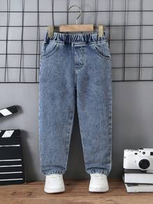 1pc Kids' Casual Tapered Medium Wash Blue Jeans, Suitable For Spring, Summer, Autumn - Medium Wash - View 2