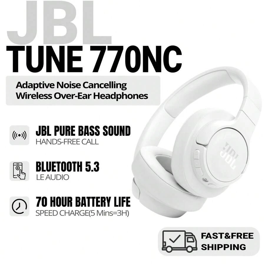 JBL TUNE770NC - 自适应降噪，带智能环境音无线头戴式耳机，蓝牙 5.3，快速充电续航时间长达 70 小时，轻巧舒适可折叠设计（白色） - 白色 - 查看 1
