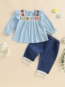 Baby Girl 2Pcs Fall Outfits Bohemian Long Sleeve Floral Tops + Denim Pants Set Toddler Clothes - Màu xanh lam - Xem 1
