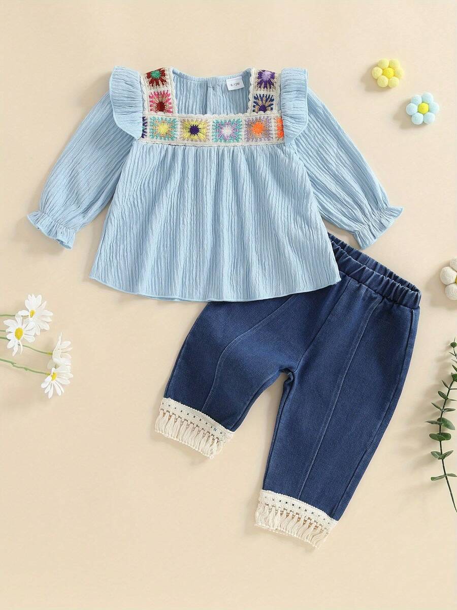 Baby Girl 2Pcs Fall Outfits Bohemian Long Sleeve Floral Tops + Denim Pants Set Toddler Clothes - Màu xanh lam - Xem 1