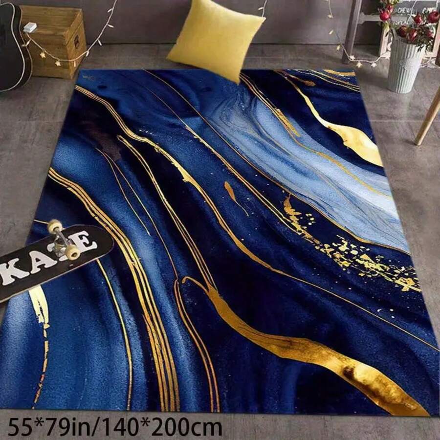 Large 79inch X 118inch Modern Marble Pattern Area Rug - Soft, Non-Slip, Machine Washable Rug With Gold Accents, Suitable For Living Room, Bedroom, Office Decoration - Blue And Gold Abstract Design, Durable Polyester Material, Perfect For Valentine's Day And Holiday Home Styling, Living Room Carpet, Best For Christmas, Perfect For Thanksgiving - Multicolor - View 1