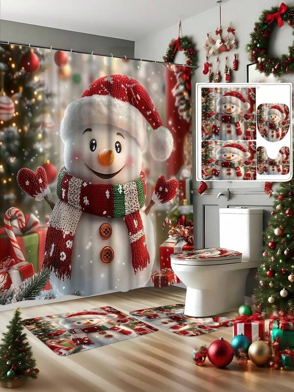 1/4 Piece Snowman Shower Curtain Set - White And Red, With Bathroom Mat And Hooks - Suitable For Christmas Bathroom Decor - Adds Holiday Atmosphere To Your Bathroom - Brings Festive Vibe To Your Shower Area