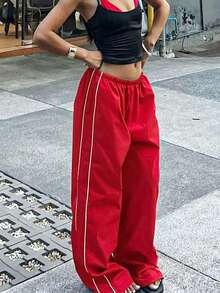 Pantalones cargo de pierna ancha con cintura elástica casual, con tubería de contraste, estilo vintage americano de la década de 2000 para volver al colegio en otoño - Rojo - Ver 3