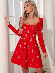 Elegant Solid Color Shiny Zipper Rhinestone A-Line Dress, Polyester Fabric, Romantic Party, Wedding, Formal Occasion, Stage Performance, Autumn/Winter - Đỏ - Xem 5