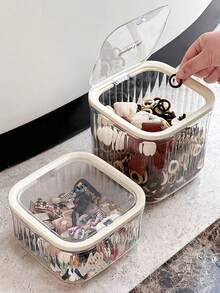 1pc/2pcs Transparent Children's Hair Accessory Storage Box, Girl's Hair Clip Headdress Headband Classification Box, Transparent Rubber Band Hair Tie Jewelry Bucket, Press-Type Elastic Lid, Easy To Use, Large-Capacity Hair Accessory Box, Multi-Functional Sundry Storage Jar, Suitable For Bathroom, Bedroom And Campus Dormitory.(Tip: There Is An Installation Video On The Homepage)