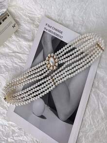 1 件女士优雅珍珠和水晶串珠弹性腰链，百搭装饰，适合连衣裙、衬衫、正式服装秋季、秋季、万圣节 - 白色 - 查看 6