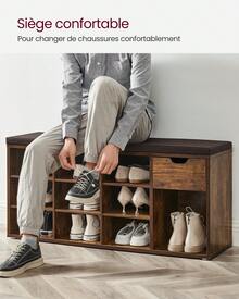 VASAGLE Banc à Chaussures, Banc de Rangement, avec Tiroir et Compartiments, Couloir, Entrée, Chambre, 30 x 104 x 48 cm, Marron Rustique et Marron Châtaigne - Marron - Voir 6