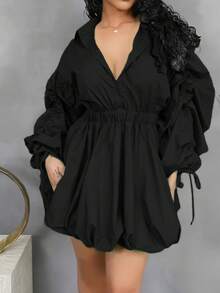 SEBOWEL Bubble Mini Dress Women Long Sleeve Button Bandage Ruched Drawstring Tunic Puffy Elegant Christmas Cocktail Shirt Dresses Clothes Y2K - Black - View 1