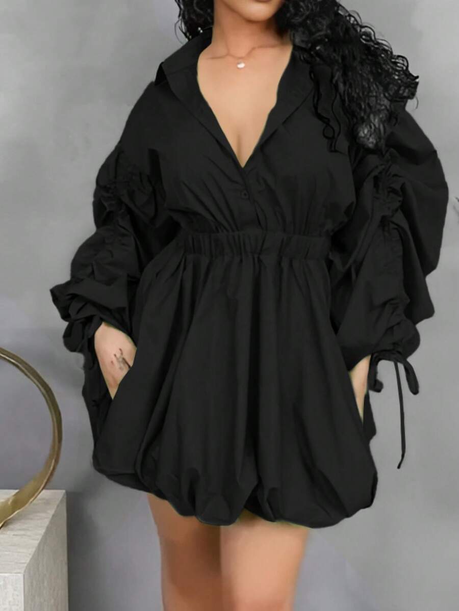 SEBOWEL Bubble Mini Dress Women Long Sleeve Button Bandage Ruched Drawstring Tunic Puffy Elegant Christmas Cocktail Shirt Dresses Clothes Y2K - Black - View 1