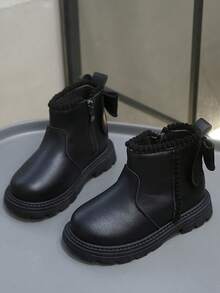 1 Pair White Soft & Comfortable PU Leather Toddler Girls' Short Boots, Warm Lining, Zipper, Bow Decor, Round Toe, Rubber Sole, Classic British Style, Suitable For Indoor/Outdoor, Autumn/Winter