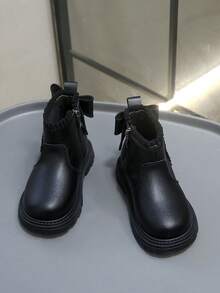 1 Pair White Soft & Comfortable PU Leather Toddler Girls' Short Boots, Warm Lining, Zipper, Bow Decor, Round Toe, Rubber Sole, Classic British Style, Suitable For Indoor/Outdoor, Autumn/Winter