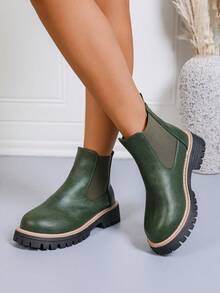 Women's Fashionable 2024 Autumn/Winter Green Chelsea Ankle Boots, Women's Elegant Low Heel Faux Leather Princess Boots, Solid Color Fashionable Retro Elegant Casual Outdoor Festival