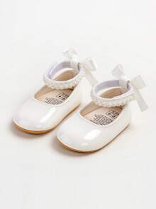 Nowe, płaskie buty Mary Jane dla dziewczynek, z kokardką, antypoślizgowa, miękka podeszwa z PU, buty do chodzenia dla małych dzieci, zdobione perłową satynową wstążką - Biały - Zobacz 9