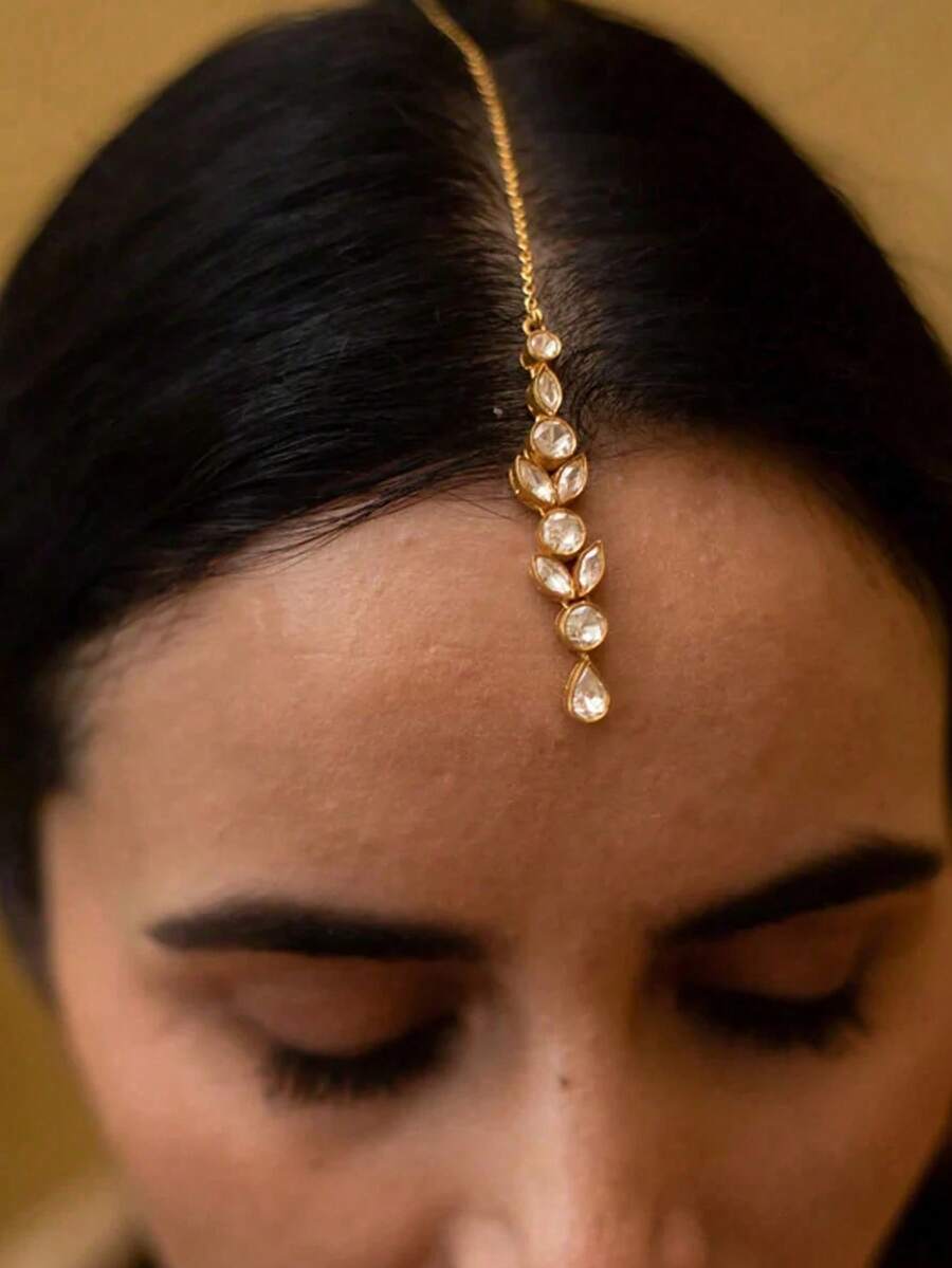 Rhinestone Round Teardrop Gold Forehead Chain Hair Accessory - Gold - View 1