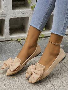 女士秋季新款户外蝴蝶结尖头平底鞋，卡其色面料软底日常工作驾驶乐福鞋 - 卡其色 - 查看 4