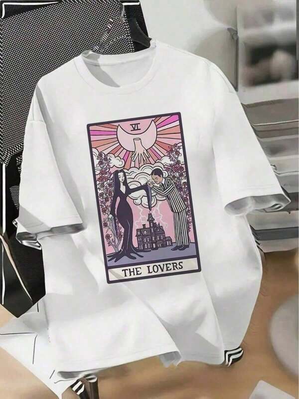 1pcs Gothic Lovers Tarot Card Printed Men's Tshirt  Spooky Couple  Funny Tshirt 100% Pure Cotton Ideal For Halloween PartiesNatural And Breathable Pure Cotton Printed T-Shirt