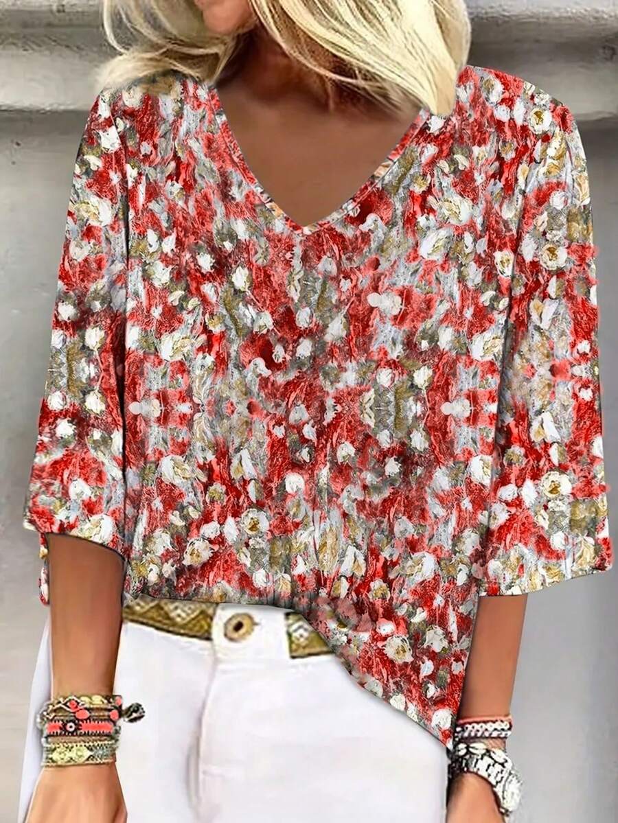 Floral Print V-Neck T-Shirt, 3/4 Sleeve Vacation & Everyday Top, Women Apparel - Red - View 1