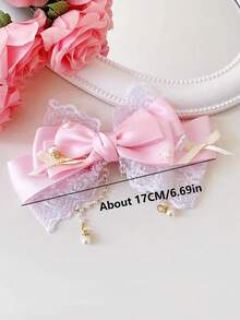 1 chiếc kẹp tóc Lolita màu hồng hình nơ ren đính ngọc trai tua rua lưới, kiểu dáng dễ thương mùa xuân, phù hợp để sử dụng hàng ngày. - Kẹp tóc Lolita - Xem 4