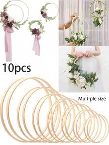 10 个圆形木竹编织环、用于悬挂装饰的手工花环底座、家居装饰派对花环、DIY 捕梦网材料、墙面装饰工艺品、悬挂派对装饰、家居工艺装饰木环、婚礼花环装饰（款式随机发货） - 米色 - 查看 1